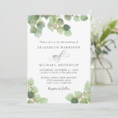Greenery Eucalyptus Gold Waterverf Wedding Kaart (Staand voorkant)