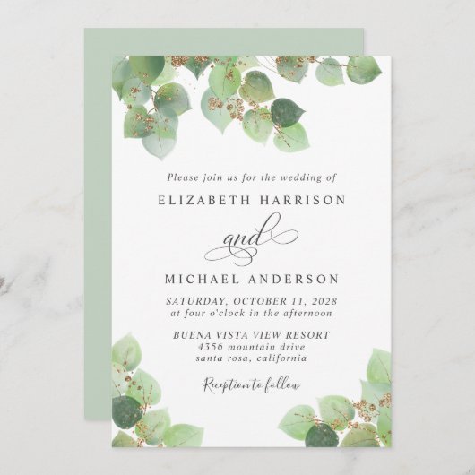 Greenery Eucalyptus Gold Waterverf Wedding Kaart (Voorkant / Achterkant)