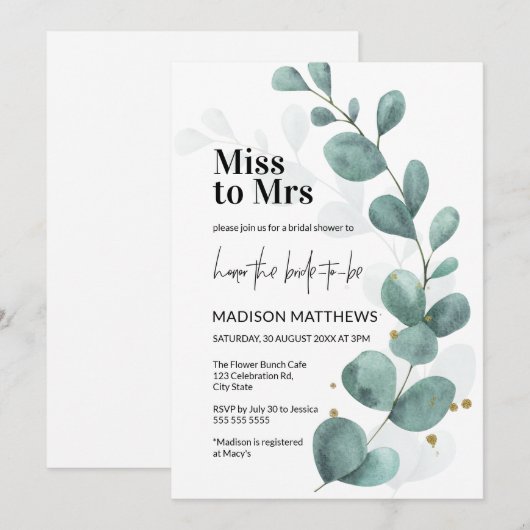 Greenery Eucalyptus Green en White Vrijgezellenfee Kaart (Voorkant / Achterkant)