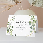 Greenery Eucalyptus Heart Calligraphy Baby shower Bedankkaart<br><div class="desc">Baby shower bedankt u kaart de groene eucalyptusbladeren op een modern geometrisch lijst en scriptkalligrafie met een hart.</div>
