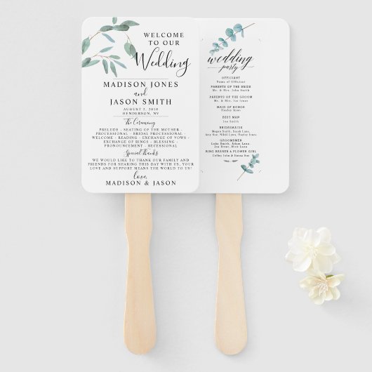 Greenery Eucalyptus Leaf Simple Wedding Program Handwaaier (Voorkant en achterkant)