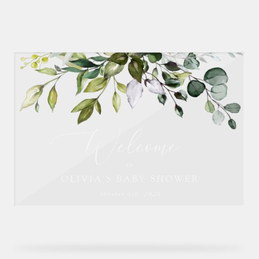 Greenery, Eucalyptus Leaves, Baby shower Welcome Acryl Bord (Voorkant)