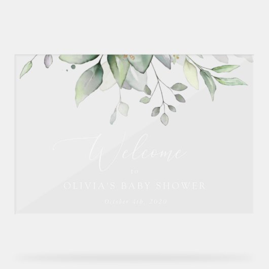 Greenery, Eucalyptus Leaves, Baby shower Welcome Acryl Bord (Voorkant)