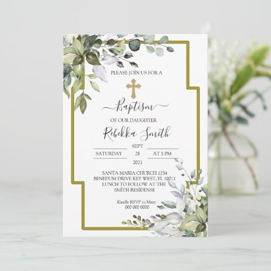 Greenery Eucalyptus Leaves Baptism Invitation Kaart (Staand voorkant)
