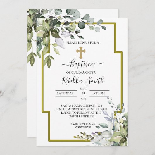 Greenery Eucalyptus Leaves Baptism Invitation Kaart (Voorkant / Achterkant)