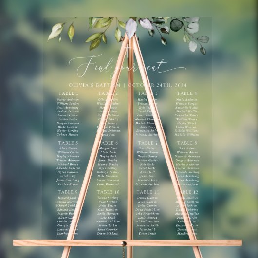 Greenery, Eucalyptus Leaves, Baptism Seating Chart Acryl Bord (Neutraal)