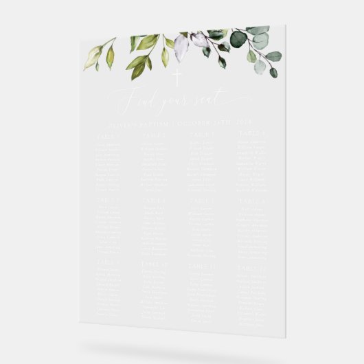 Greenery, Eucalyptus Leaves, Baptism Seating Chart Acryl Bord (Hoek)