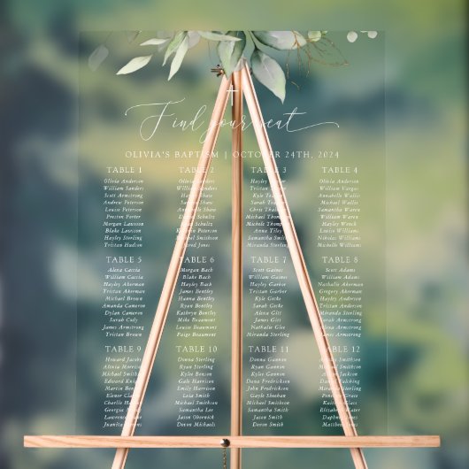 Greenery, Eucalyptus Leaves, Baptism Seating Chart Acryl Bord (Neutraal)