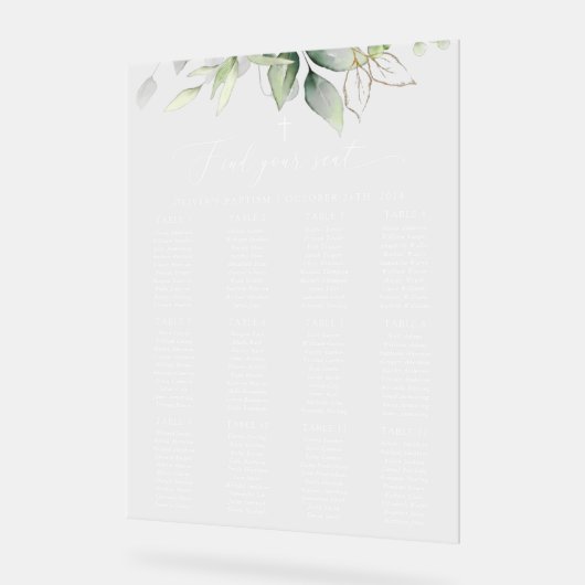 Greenery, Eucalyptus Leaves, Baptism Seating Chart Acryl Bord (Hoek)