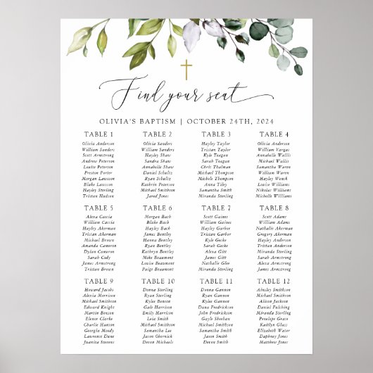Greenery, Eucalyptus Leaves, Baptism Seating Chart Poster (Voorkant)