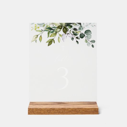 Greenery, Eucalyptus Leaves, Baptism Table Numbers Acryl Bord (Voorkant)