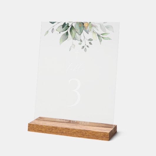 Greenery, Eucalyptus Leaves, Baptism Table Numbers Acryl Bord (Hoek)
