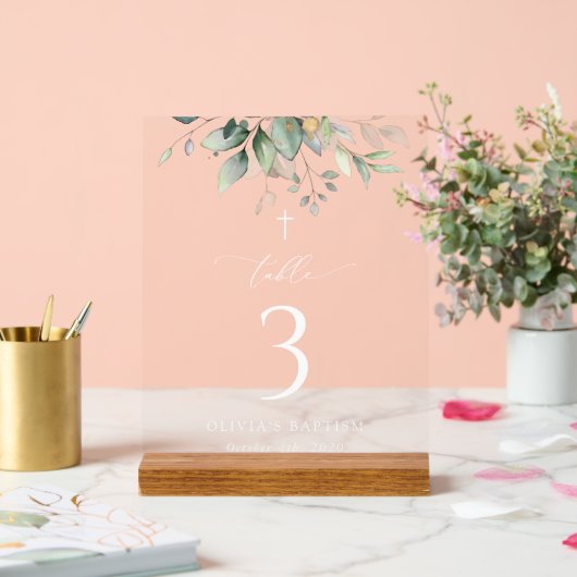 Greenery, Eucalyptus Leaves, Baptism Table Numbers Acryl Bord (Huwelijk)