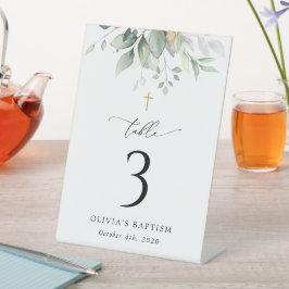 Greenery, Eucalyptus Leaves, Baptism Table Numbers Reclamebord Met Voetstuk