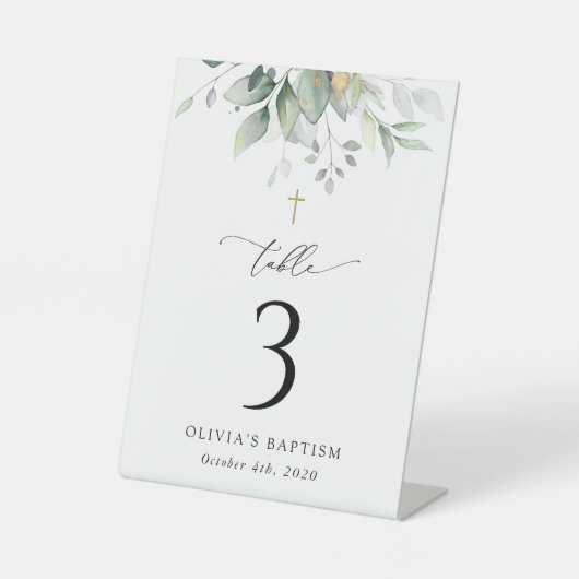 Greenery, Eucalyptus Leaves, Baptism Table Numbers Reclamebord Met Voetstuk (Voorkant)