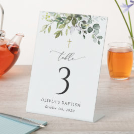 Greenery, Eucalyptus Leaves, Baptism Table Numbers Reclamebord Met Voetstuk
