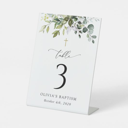 Greenery, Eucalyptus Leaves, Baptism Table Numbers Reclamebord Met Voetstuk (Voorkant)