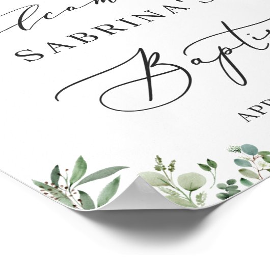 Greenery Eucalyptus Leaves Baptism Welcome Sign Poster (Hoek)
