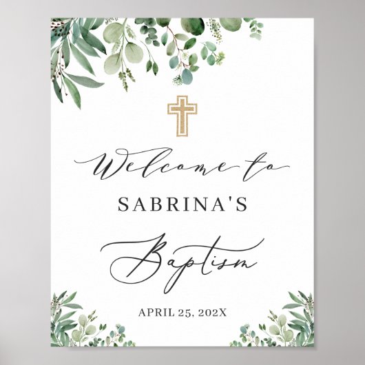 Greenery Eucalyptus Leaves Baptism Welcome Sign Poster (Voorkant)