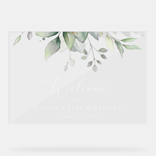 Greenery, Eucalyptus Leaves, Birthday Welcome Acryl Bord (Voorkant)