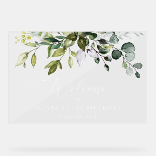 Greenery, Eucalyptus Leaves, Birthday Welcome Acryl Bord (Voorkant)
