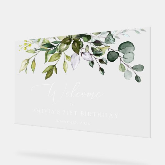 Greenery, Eucalyptus Leaves, Birthday Welcome Acryl Bord (Hoek)