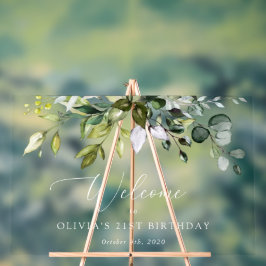 Greenery, Eucalyptus Leaves, Birthday Welcome Acryl Bord