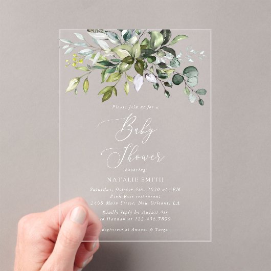 Greenery, Eucalyptus Leaves, Boho, Baby shower Acryl Uitnodigingen (Insitu (Draagbaar))