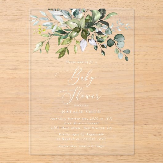 Greenery, Eucalyptus Leaves, Boho, Baby shower Acryl Uitnodigingen (Voorkant)