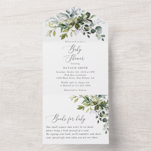Greenery, Eucalyptus Leaves, Boho, Baby shower All In One Uitnodiging (Binnen)