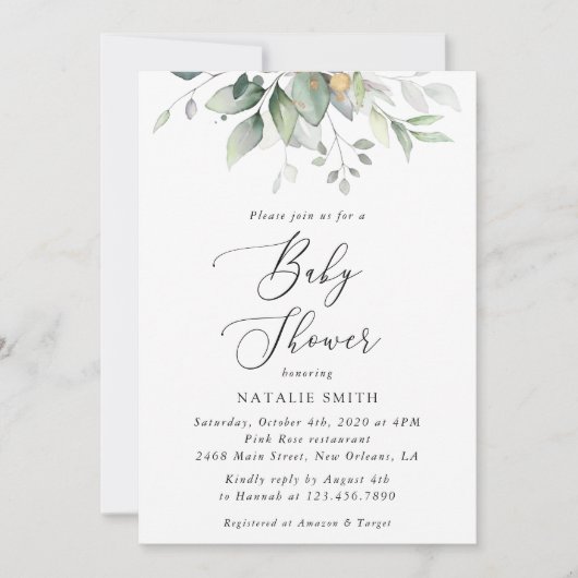 Greenery, Eucalyptus Leaves, Boho, Baby shower Kaart (Voorkant)