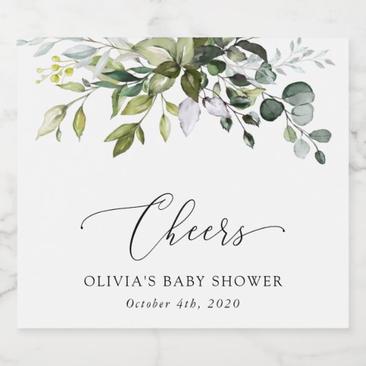 Greenery, Eucalyptus Leaves, Boho, Baby shower Sparkling Wijnetiket (Enkel label)