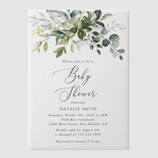 Greenery, Eucalyptus Leaves, Boho, Baby shower Vellum Uitnodigingen (Voorkant)