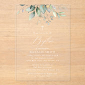 Greenery, Eucalyptus Leaves, Boho, Baptism Acryl Uitnodigingen (Voorkant)