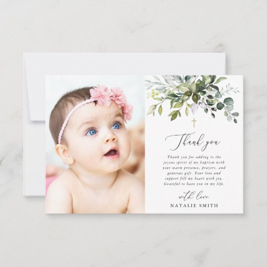 Greenery, Eucalyptus Leaves, Boho, Baptism Bedankkaart (Voorkant)