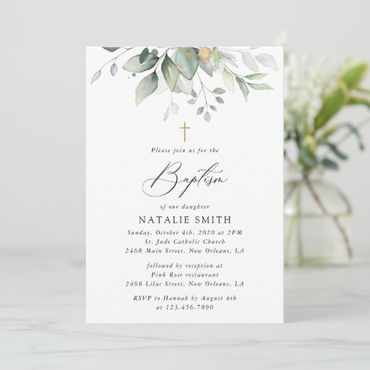 Greenery, Eucalyptus Leaves, Boho, Baptism Kaart (Staand voorkant)