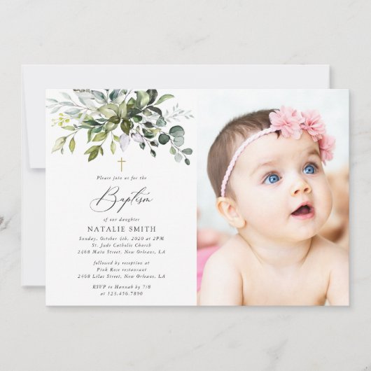 Greenery, Eucalyptus Leaves, Boho, Baptism Kaart (Voorkant)