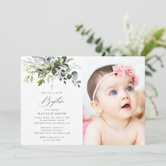 Greenery, Eucalyptus Leaves, Boho, Baptism Kaart (Staand voorkant)