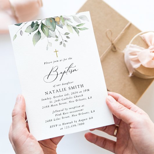 Greenery, Eucalyptus Leaves, Boho, Baptism Kaart