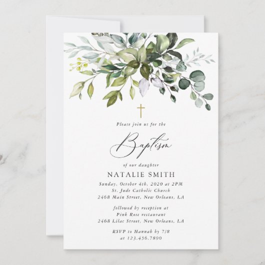 Greenery, Eucalyptus Leaves, Boho, Baptism Kaart (Voorkant)