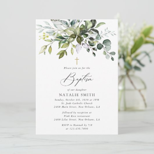 Greenery, Eucalyptus Leaves, Boho, Baptism Kaart (Staand voorkant)
