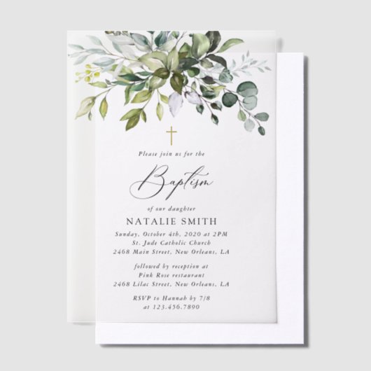 Greenery, Eucalyptus Leaves, Boho, Baptism Vellum Uitnodigingen (Offset)