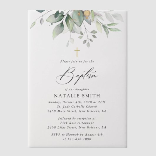 Greenery, Eucalyptus Leaves, Boho, Baptism Vellum Uitnodigingen (Voorkant)