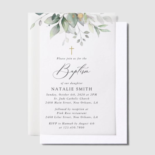 Greenery, Eucalyptus Leaves, Boho, Baptism Vellum Uitnodigingen (Offset)