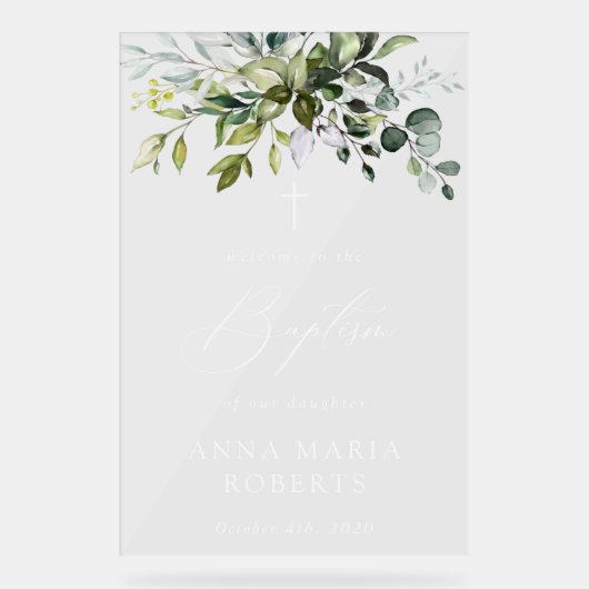 Greenery, Eucalyptus Leaves, Boho, Baptism Welcome Acryl Bord (Voorkant)