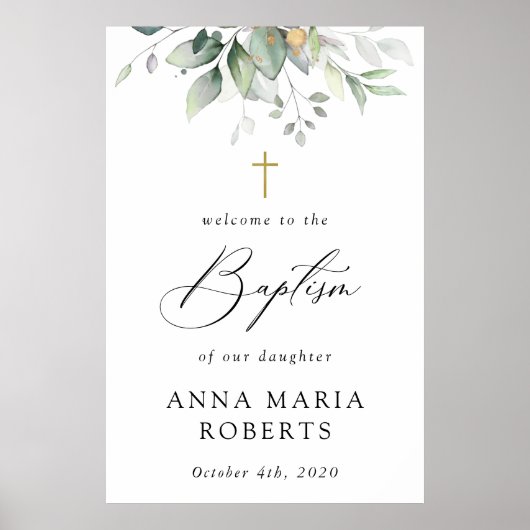 Greenery, Eucalyptus Leaves, Boho, Baptism Welcome Poster (Voorkant)