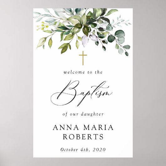 Greenery, Eucalyptus Leaves, Boho, Baptism Welcome Poster (Voorkant)