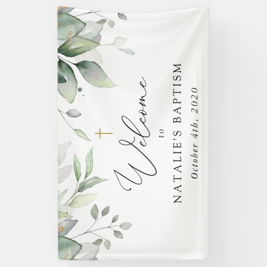 Greenery, Eucalyptus Leaves, Boho, Baptism Welcome Spandoek (Verticaal)