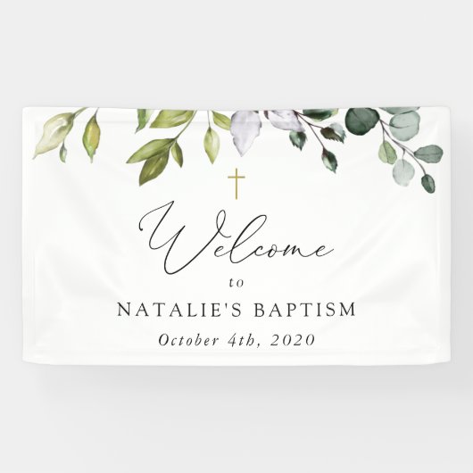 Greenery, Eucalyptus Leaves, Boho, Baptism Welcome Spandoek (Horizontaal)