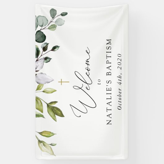 Greenery, Eucalyptus Leaves, Boho, Baptism Welcome Spandoek (Verticaal)